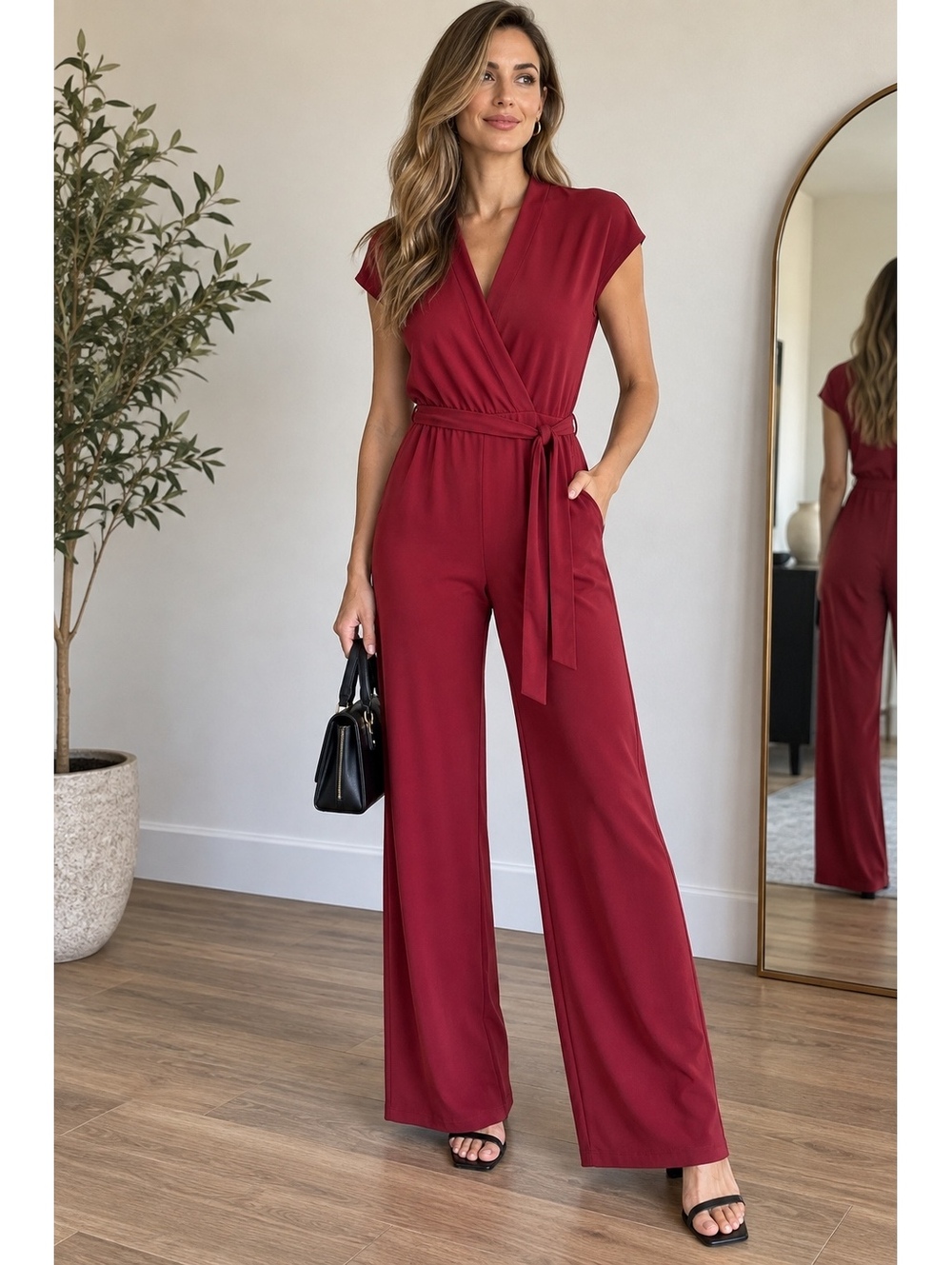 H By Halston Burgundy Wrap Jumpsuit Women’s Size M Wide Leg Belted